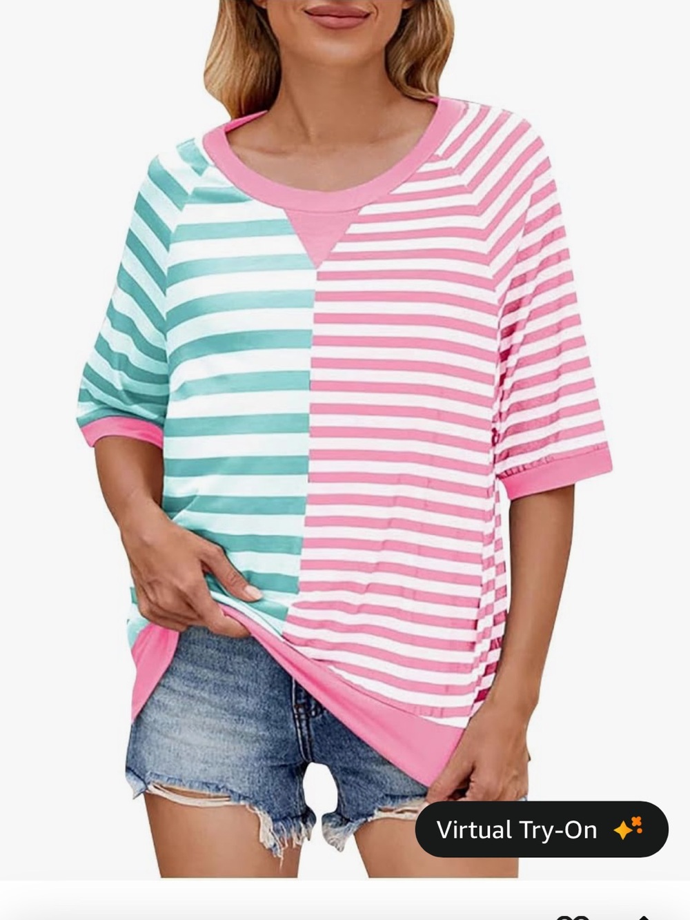 Striped Split-Color Short Sleeve Tee - Pink & Mint
